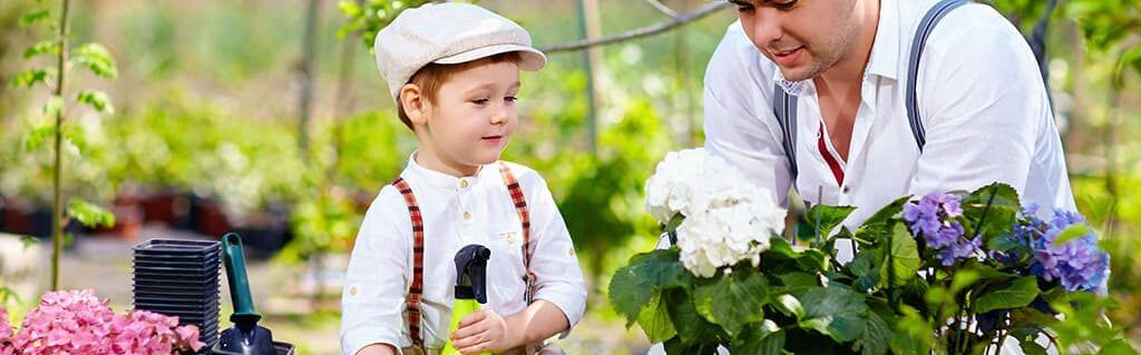 Young child watching a small business owner work in a garden center